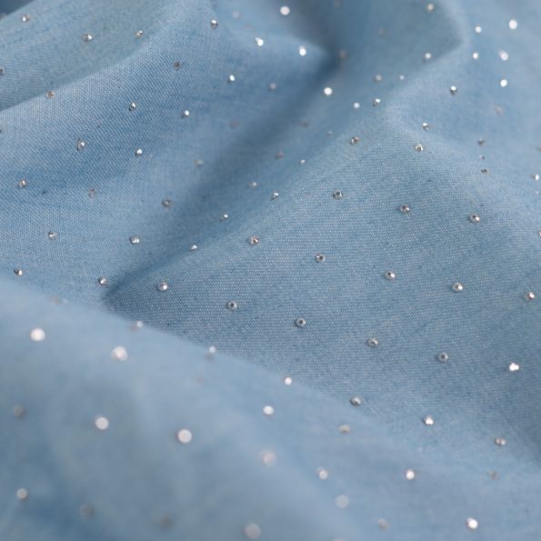 Tissu Chambray Coton Strass sur fond Bleu jean - Par 10 cm