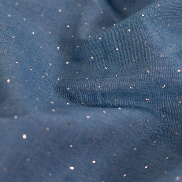 Tissu Chambray Coton Strass sur fond Bleu denim - Par 10 cm
