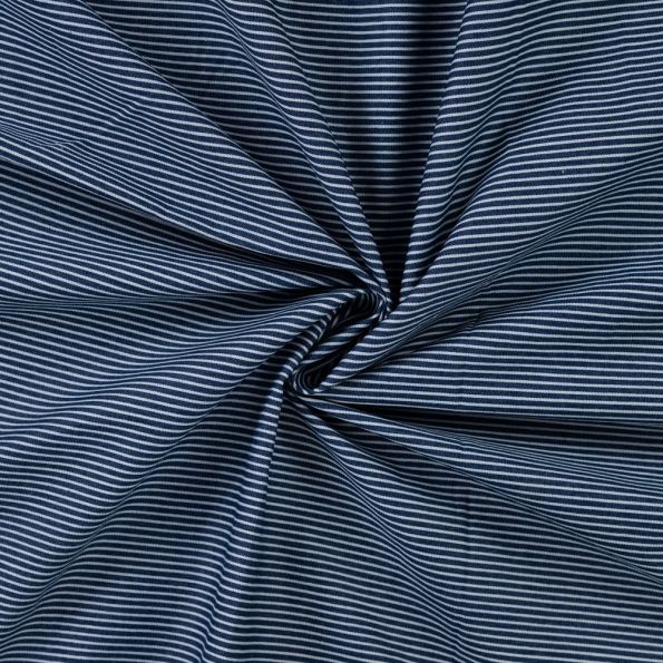 Tissu Jean Denim stretch Rayures blanches sur fond Bleu foncé - Par 10 cm