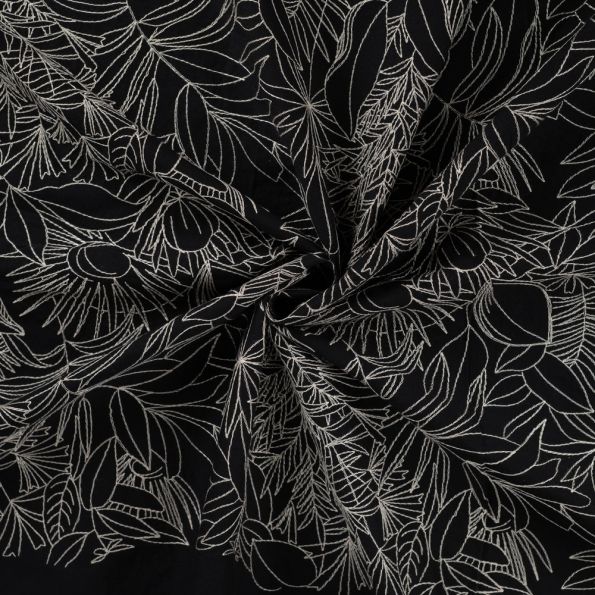 Tissu Coton brodé imprimé Floral sur fond Noir - Par 10 cm