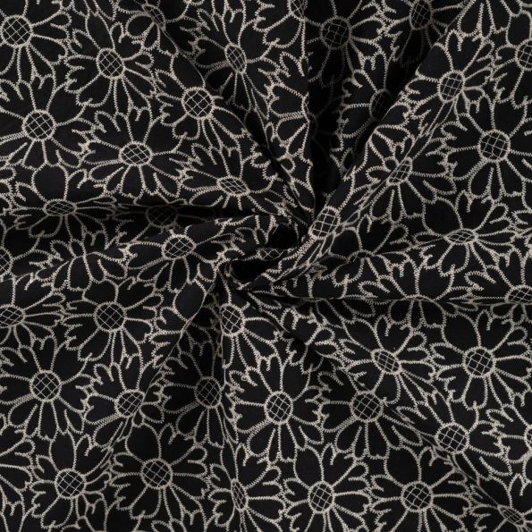 Tissu Coton brodé imprimé Fleurs sur fond Noir - Par 10 cm