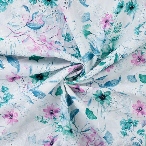 Tissu Voile de Coton Fleurs imprimées et brodées sur fond Blanc - Par 10 cm