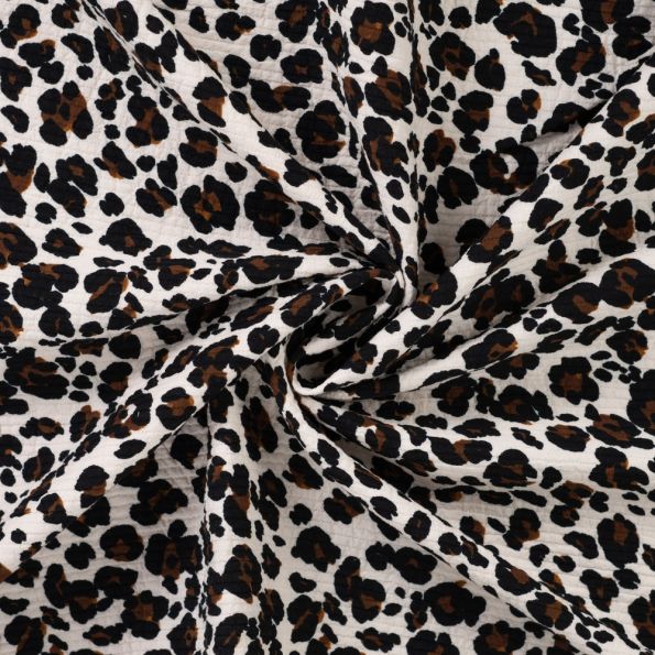 Tissu Seersucker Coton Léopard sur fond Ecru - Par 10 cm