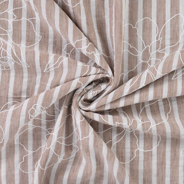 Tissu Aspect Lin rayures et fleurs sur fond Taupe - Par 10 cm