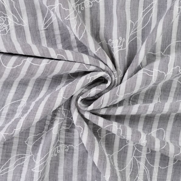 Tissu Aspect Lin rayures et fleurs sur fond Gris - Par 10 cm