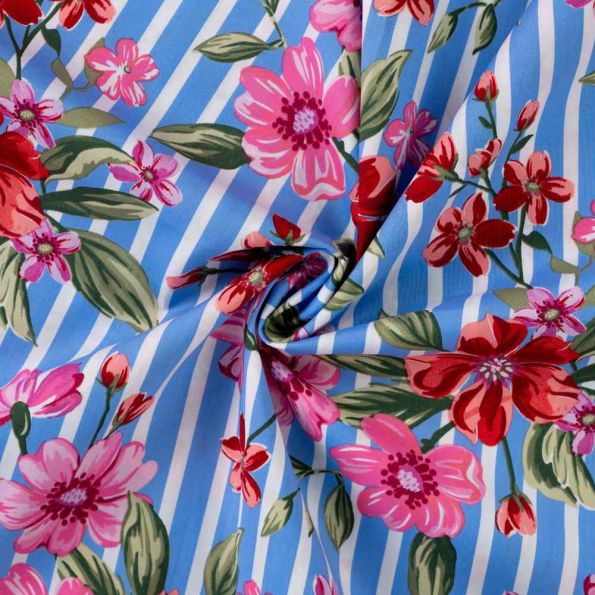 Tissu Coton légèrement extensible rayé Frida fleurs exotiques sur fond Bleu ciel - Par 10 cm