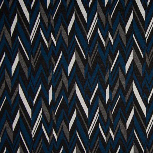 Tissu Maille Jacquard Motifs Géométriques sur fond Gris, Bleu pétrole et noir - Par 10 cm