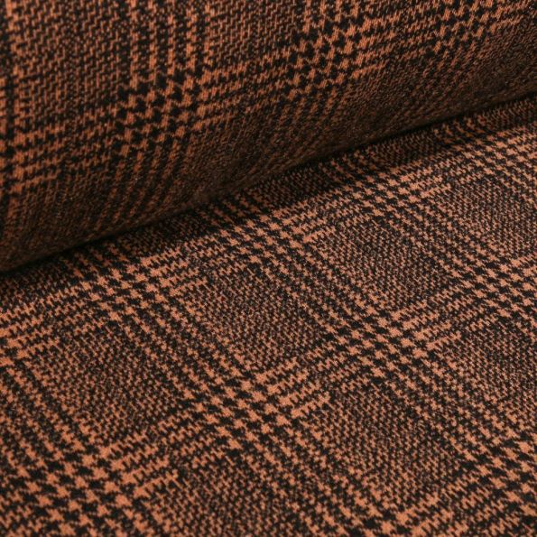 Coupon Tissu Jacquard polyviscose extensible Écossais pied de poule sur fond Marron - Coupon de 150 cm