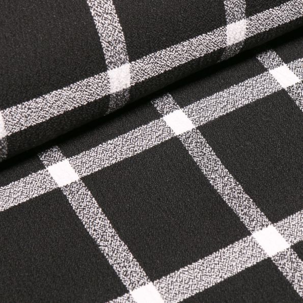 Tissu Crêpe texturé Carreaux blancs sur fond Noir - Par 10 cm