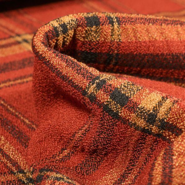 Tissu Crêpe texturé Carreaux noirs sur fond Orange - Par 10 cm