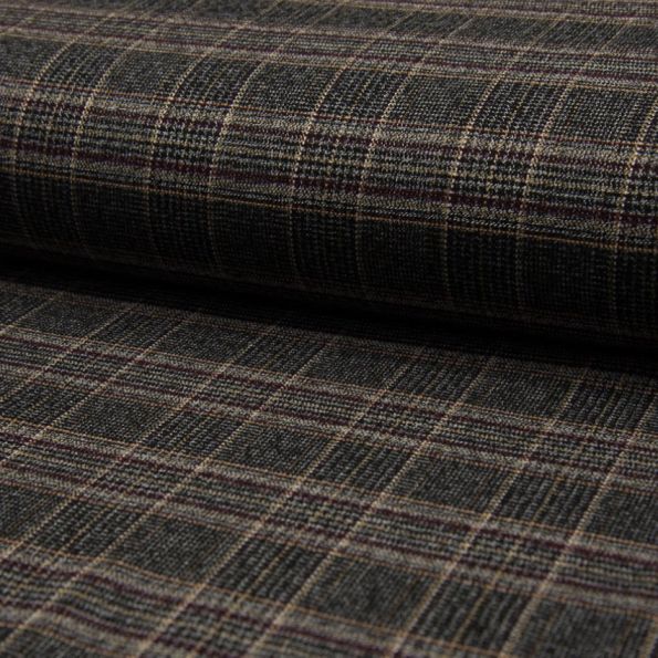 Tissu Jacquard Prince de Galles Carreaux Bordeaux et jaune sur fond Gris - Par 10 cm