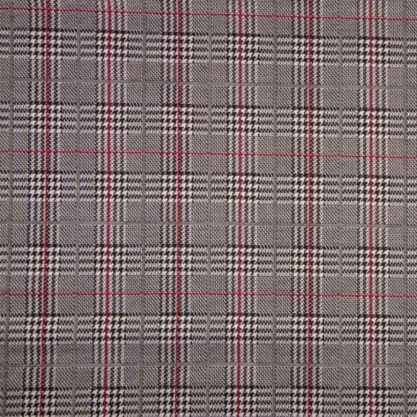 Tissu Jacquard Prince de Galles Carreaux Rouges et noirs sur fond Gris - Par 10 cm