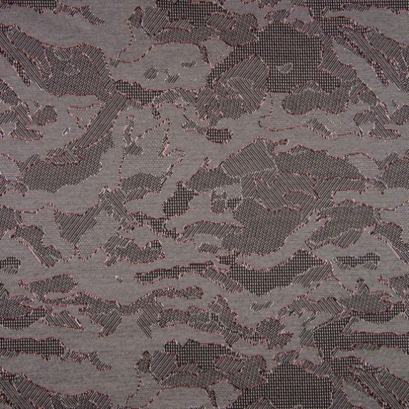 Tissu Jacquard Jersey Harvard Motifs abstraits Noirs et rouges sur fond Gris - Par 10 cm
