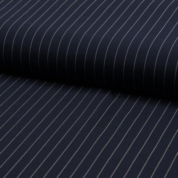 Tissu Gabardine légère et fluide Rayures blanches sur fond Bleu marine - Par 10 cm