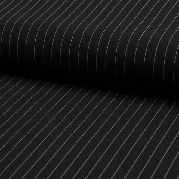 Tissu Gabardine légère et fluide  Rayures blanches sur fond Noir - Par 10 cm