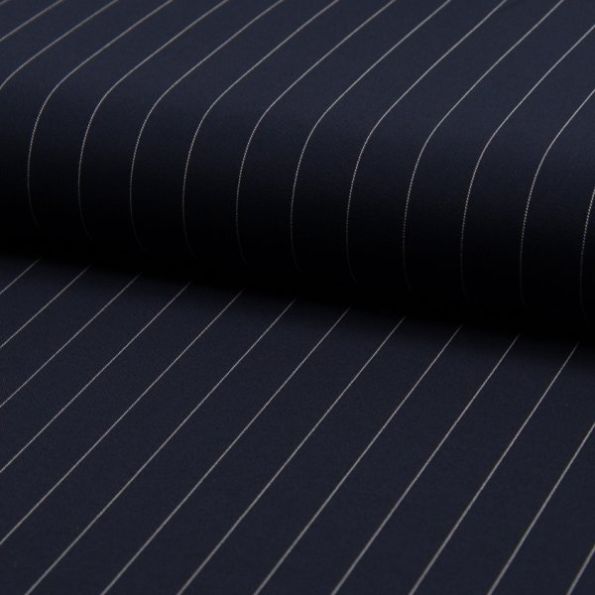 Tissu Gabardine légère et fluide  Rayures blanches sur fond Bleu marine - Par 10 cm