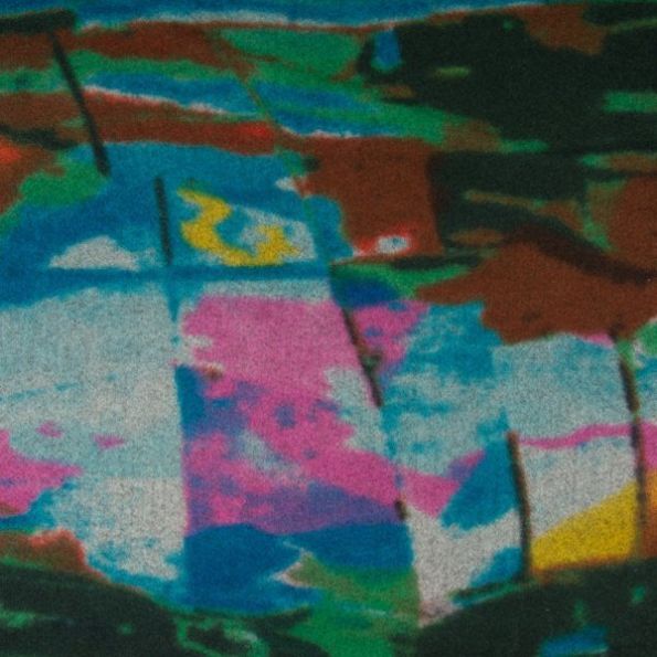 Tissu Caban Laine Motifs abstrait rose et marron sur fond Bleu - Par 10 cm