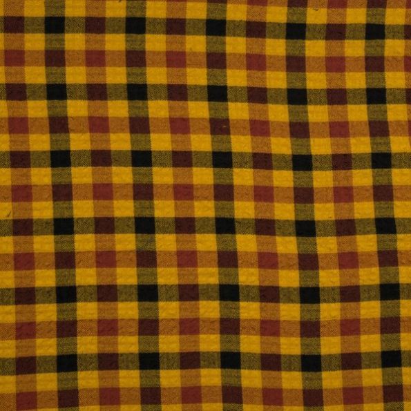 Tissu Viscose lavé Carreaux noir et bordeaux sur fond Ocre - Par 10 cm