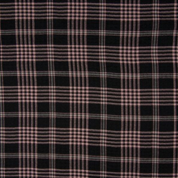 Tissu Viscose lavé Carreaux rose sur fond Noir - Par 10 cm