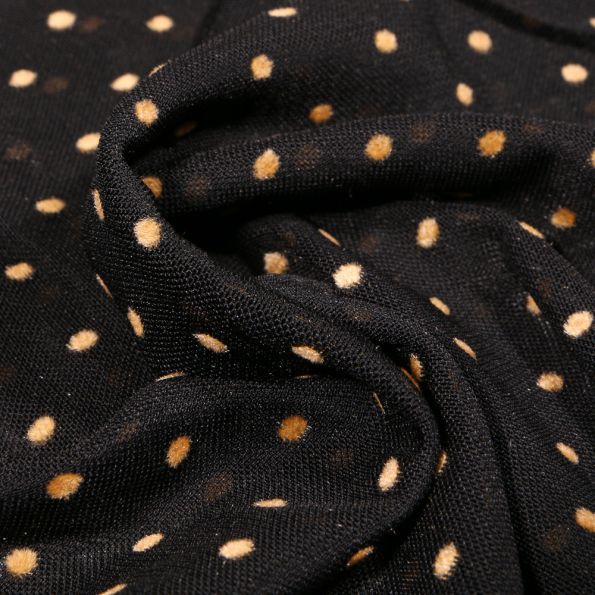 Tissu Tulle souple Pois en relief velours ocre sur fond Noir - Par 10 cm