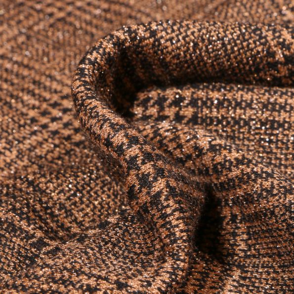 Tissu Jacquard polyviscose extensible Lurex Prince de galles pied de poule Noir sur fond Ocre - Par 10 cm