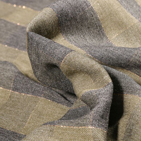 Tissu Viscose lurex Carreaux sur fond Vert kaki clair - Par 10 cm