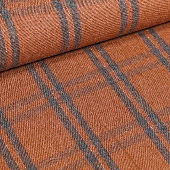 Tissu Viscose lurex Carreaux fins sur fond Rouille - Par 10 cm