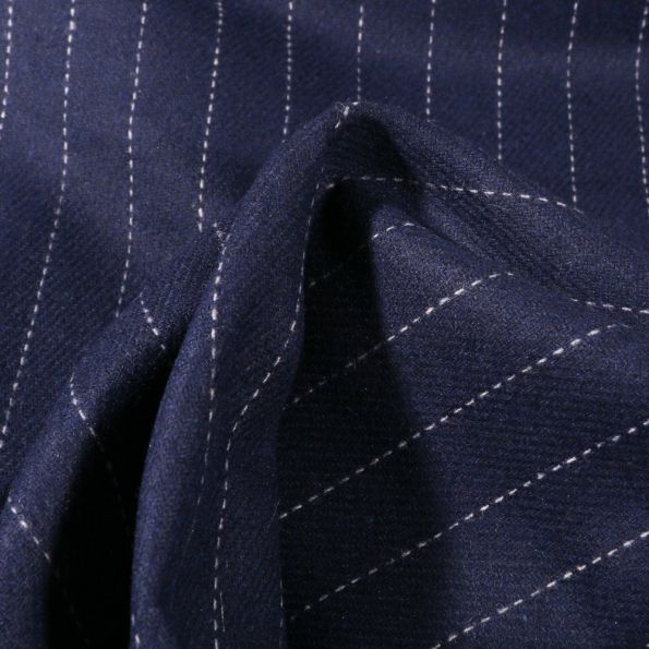 Tissu Gabardine Laine Rayures sur fond Bleu marine - Par 10 cm