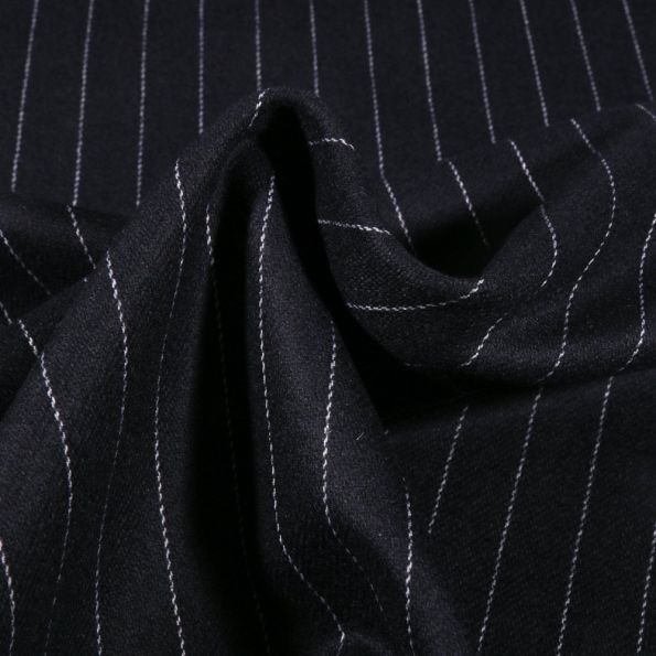 Tissu Gabardine touché Laine Rayures sur fond Bleu marine - Par 10 cm