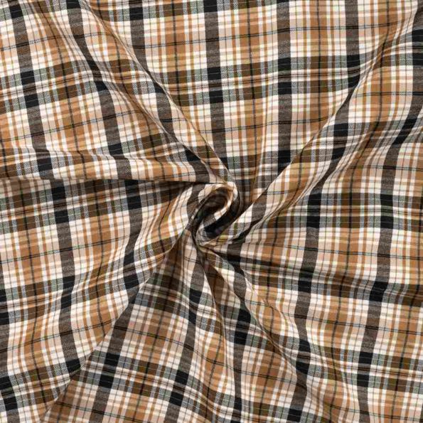 Tissu Bengaline stretch Joshua carreaux Noirs et Camel sur fond Blanc - Par 10 cm