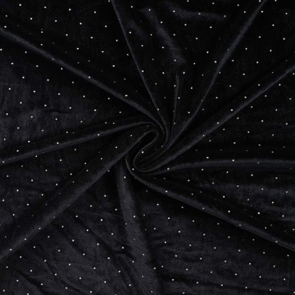 Tissu Jersey Velours Lunaria strass Argentés sur fond Noir - Par 10 cm