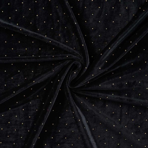 Tissu Jersey Velours Lunaria strass Dorés sur fond Noir - Par 10 cm