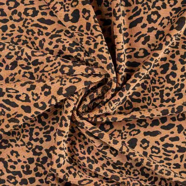 Tissu Velours Côtelé lavé  Cléa léopard Noir sur fond Camel - Par 10 cm