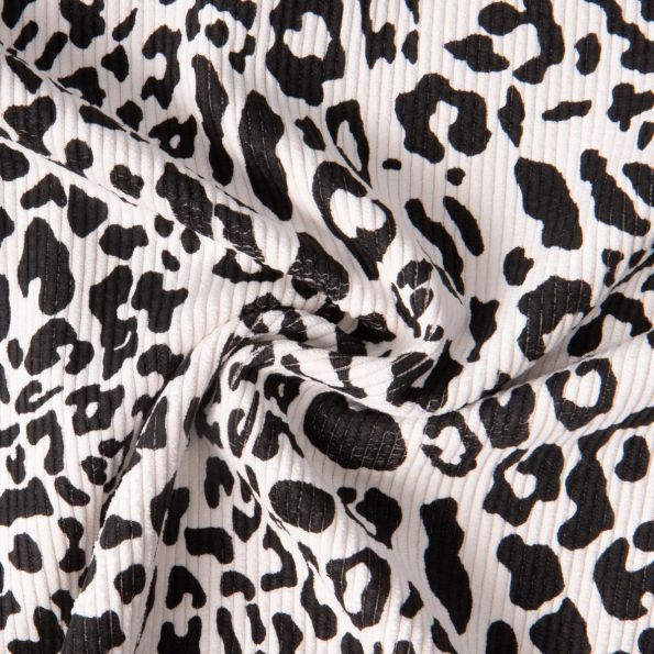 Tissu Velours Côtelé lavé  Cléa léopard Noir sur fond Blanc - Par 10 cm