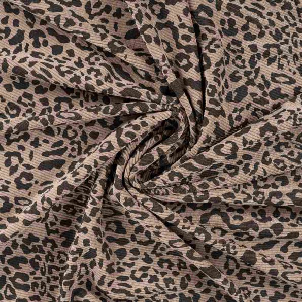 Tissu Velours Côtelé lavé  Cléa léopard Noir sur fond Taupe - Par 10 cm