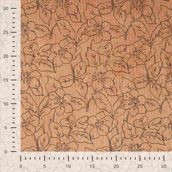 Tissu Velours Côtelé lavé  Éléane fleurs Noires sur fond Camel - Par 10 cm