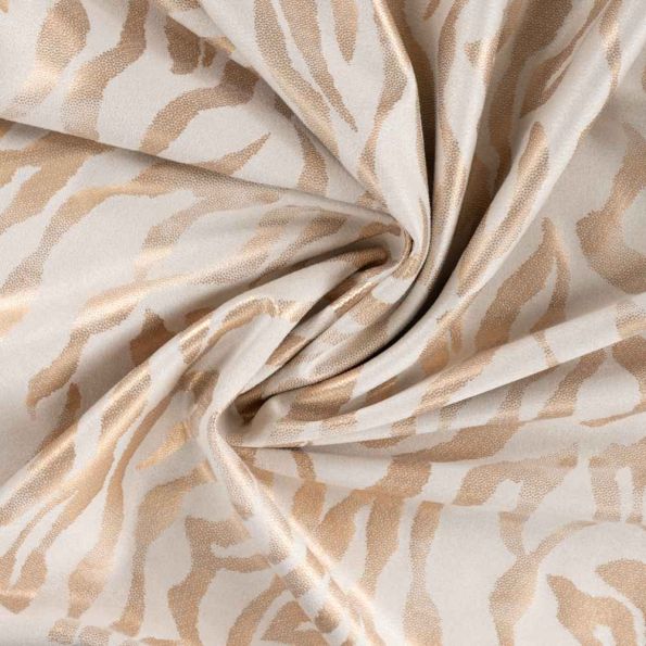 Tissu Suédine extensible Lyra aspect daim  motif zèbre Doré sur fond Beige sable - Par 10 cm