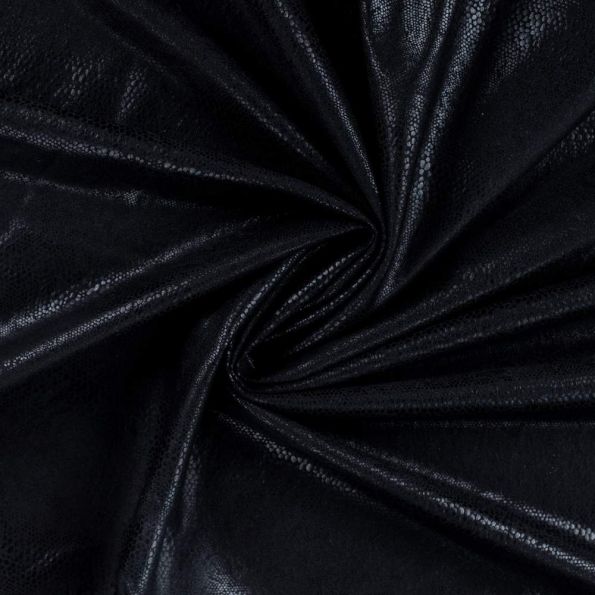 Tissu Simili cuir Naja extensible effet serpent brillant sur fond Noir - Par 10 cm