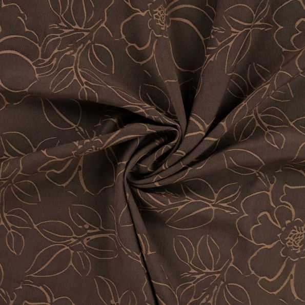 Tissu Polyviscose Lina fleurs Camel sur fond Marron chocolat - Par 10 cm