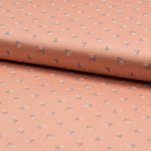 Popeline de coton satiné Romantico Petites fleurs blanches et grises sur fond Saumon - Par 10 cm