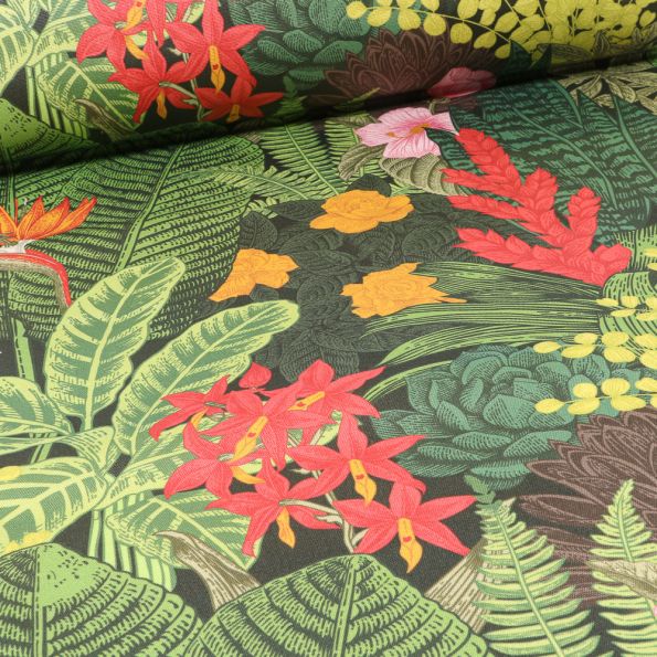 Tissu Toile Transat Dralon Végétations tropicales sur fond Vert - Par 10 cm