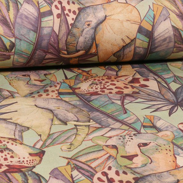 Tissu Toile Transat Dralon Têtes d'animaux sur fond Beige - Par 10 cm