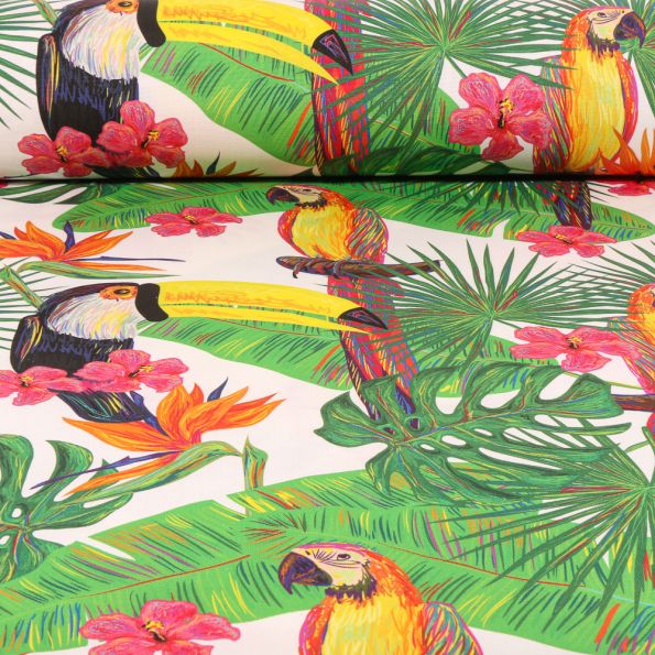 Tissu Toile Transat Dralon Exotique sur fond Blanc cassé - Par 10 cm