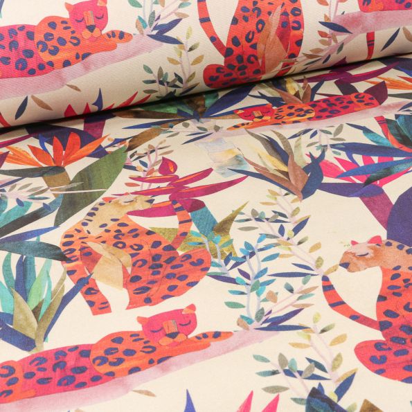Tissu Toile Transat Dralon Panthère et feuilles sur fond Naturel - Par 10 cm