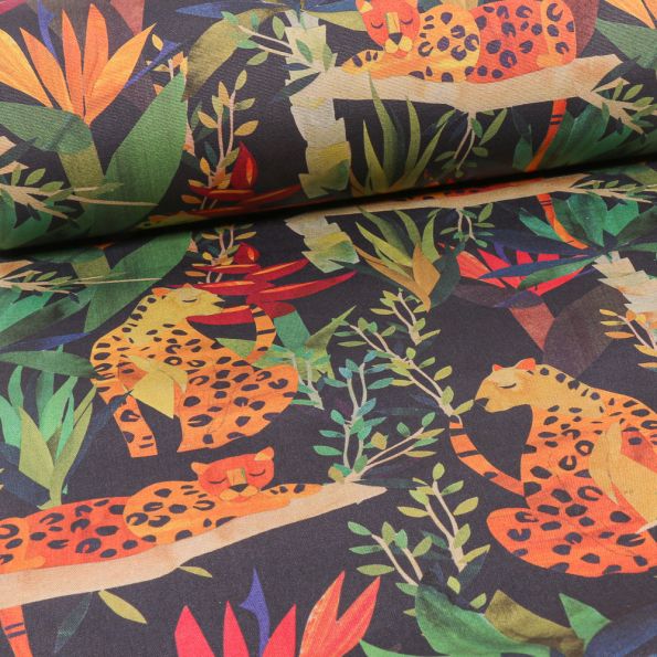 Tissu Toile Transat Dralon Panthère et feuilles sur fond Bleu marine - Par 10 cm