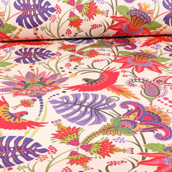 Tissu Toile Transat Dralon Oiseaux des tropiques sur fond Beige - Par 10 cm