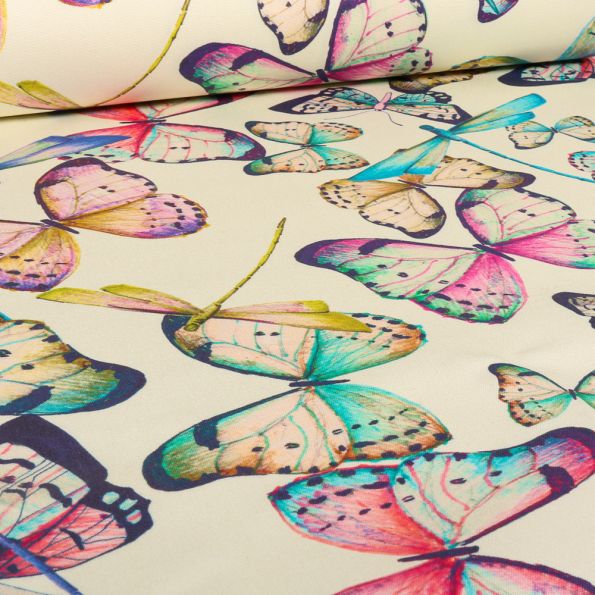 Toile Transat Dralon Libellules et papillons sur fond Ecru - Par 10 cm