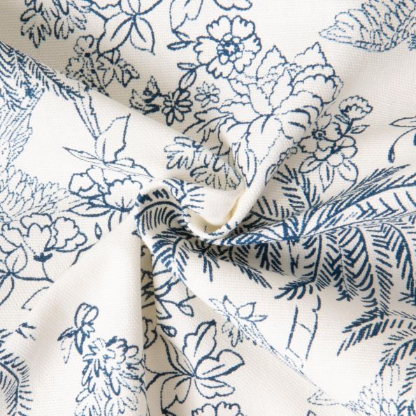 Tissu Toile de Jouy Palme Indigo sur fond Naturel - Par 10 cm