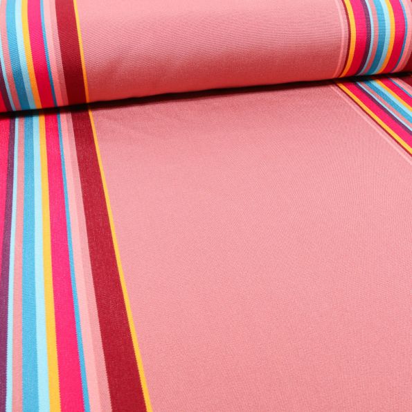 Tissu Toile Transat Rayures vitaminés sur fond Rose - Par 10 cm