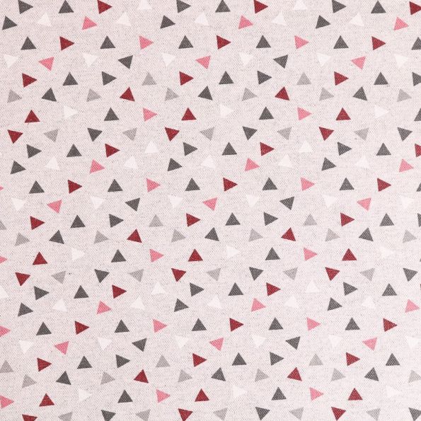 Tissu Toile de Coton Enduit Anti Tâches Triangles Rouges, roses et gris sur fond Beige - Par 10 cm